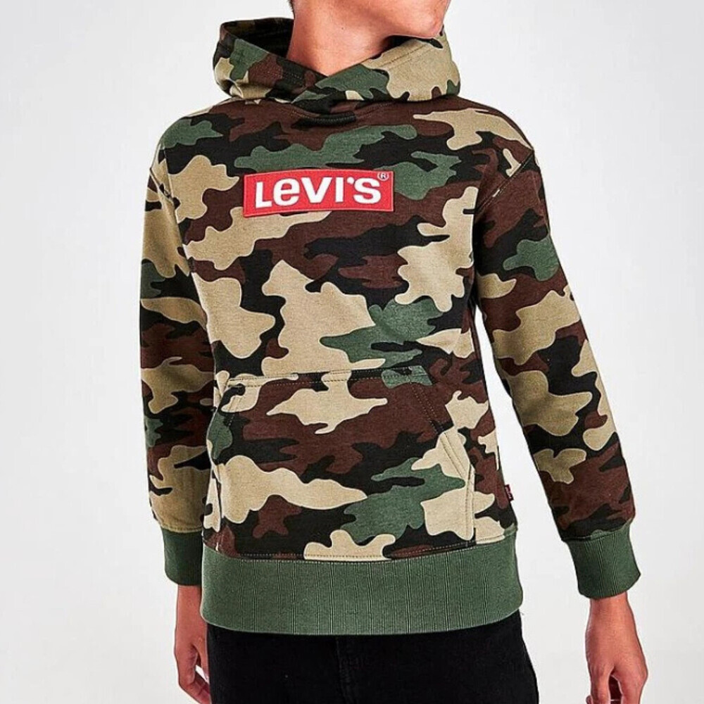 Levi's Hoodie Boys Large Green Camo Print Long Sleeve Pullover Activewear RED579